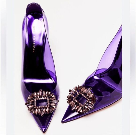 Good American Sz 7.5 Purple Cinder-F*cking-Rella Jeweled Stiletto Pumps $195 - Picture 2 of 13